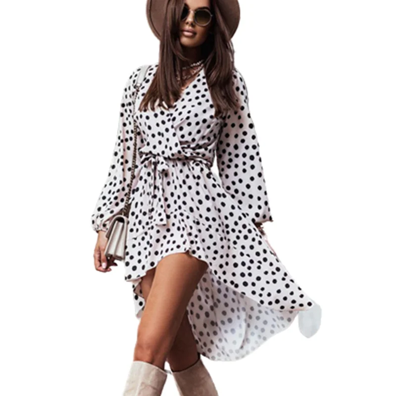 

Женское Асимметричное мини-платье в горошек, вечерние тное милое платье в богемном стиле с леопардовым принтом и длинными рукавами-фонариками на шнуровке