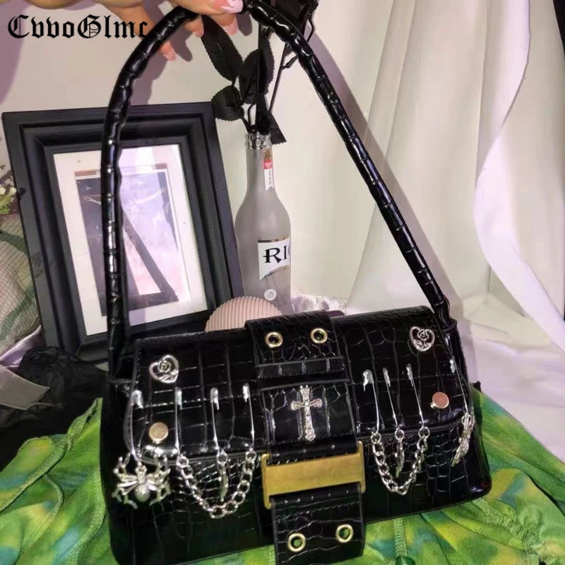 

Harajuku Spider Shoulder Totes Bags Women Luxury Designer Skull Cross Sac A Main Femme Punk Y2K Chain Vintage Handbags and Purse
