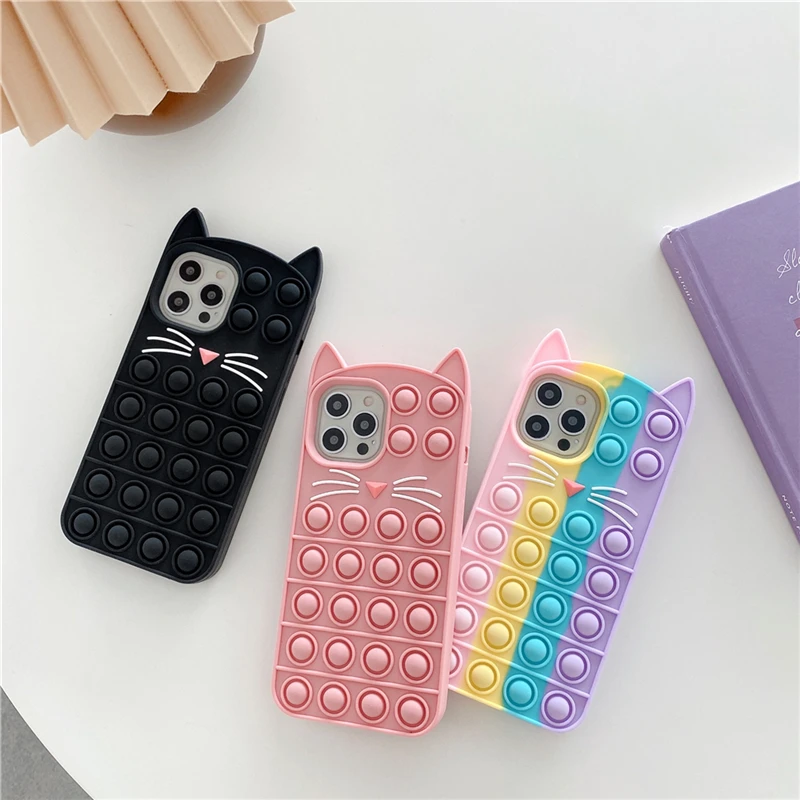 

Pop Bubble Fidget Toys Case For iPhone 11 3D Cartoon Cat Soft Silicone Cover 12 Pro 13 Xs Max XR 6s 7 8 Plus SE 2020