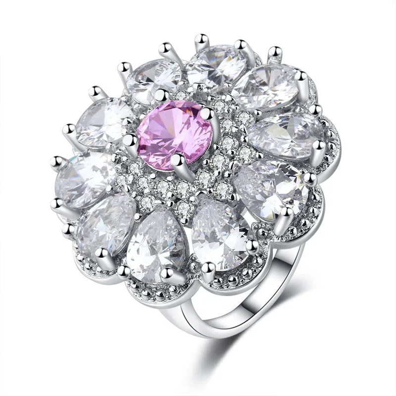 

Fashion Luxury Jewelry Ladies Shiny White Zirconia Crystal Flower Female Alloy Ring for Women Party Wedding Accessories
