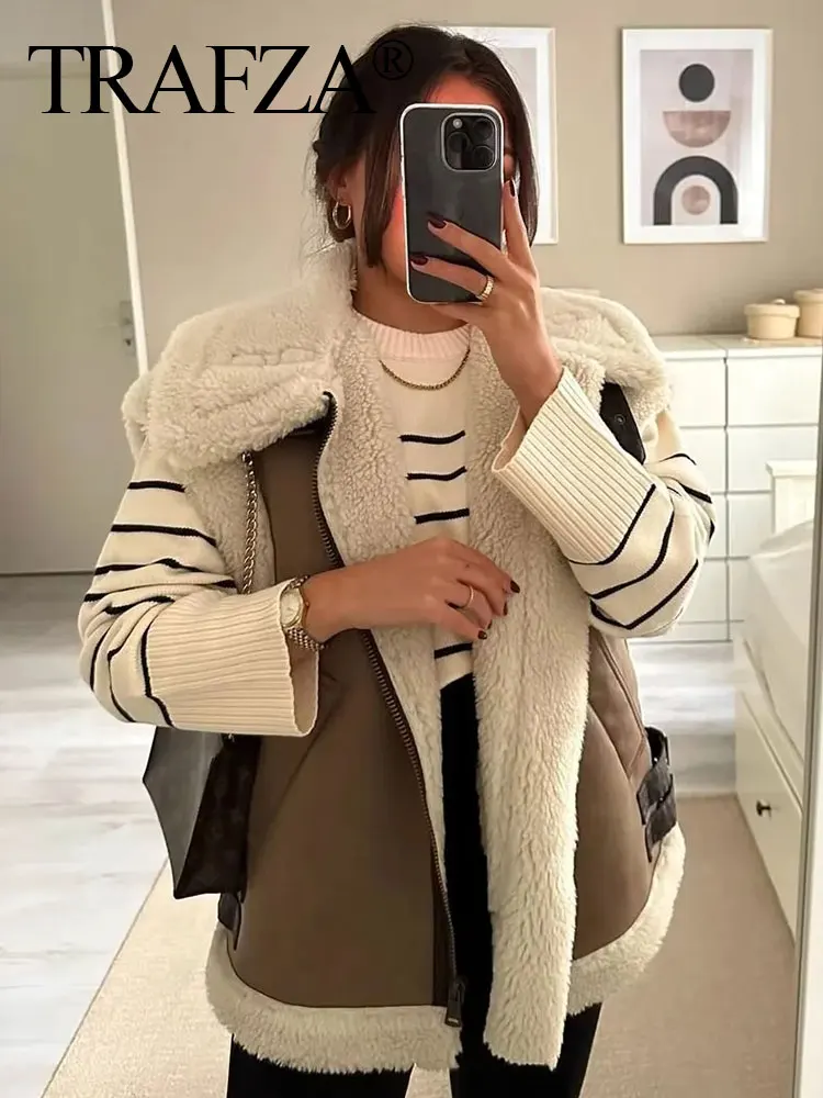 

TRAFZA 2023 Winter Fashion Sleeveless Loose Jacket Women's Short Top Vest Lamb Wool Warm Thickened Women's Oversized Vest