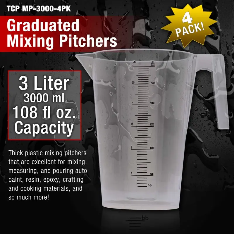 

Liter (3000ml) Plastic Graduated Measuring and Mixing Pitcher (Pack of 4) - Holds 3 Quarts 0.75 Gallon - Pouring Cup, Measure &