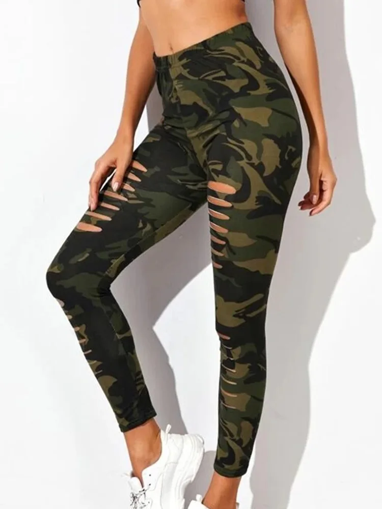 

Camouflage Printed Leggings Summer Cutout Ripped Graffiti Style Slim Stretch Trousers Army Green Leggins Sexy Pants