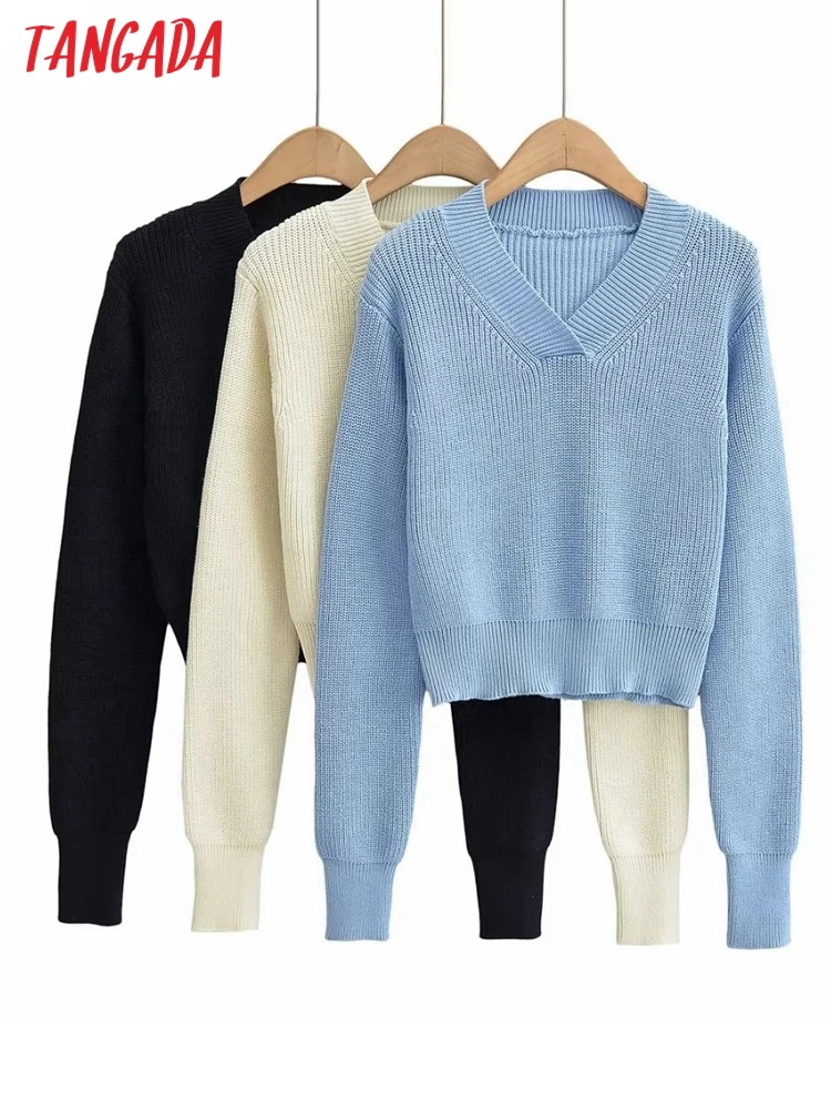 

Женский Укороченный трикотажный свитер с V-образным вырезом и длинным рукавом