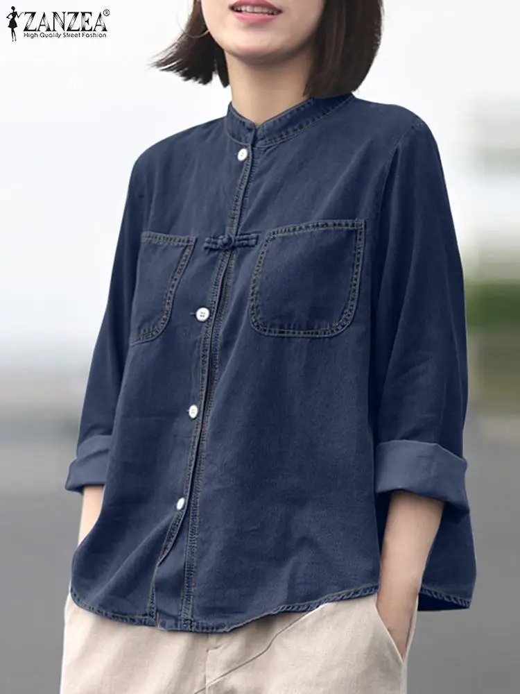 

ZANZEA Woman Fashion Solid Denim Shirt Autumn Long Sleeve Stand Collar Blouse Casual Loose Tops Female Vintage OL Blusas 2023