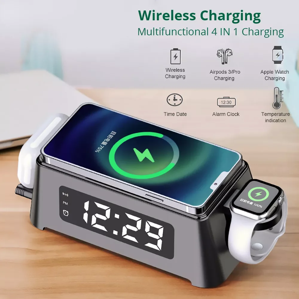 

15W Alarm Clock Wireless Charging 4 in 1 13 12 Pro Max Fast Wireless Charger Watch 7 6/ Pro