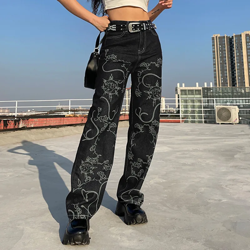 

Women's abstract print washed black denim trousers street style thin high waist all-match straight pants