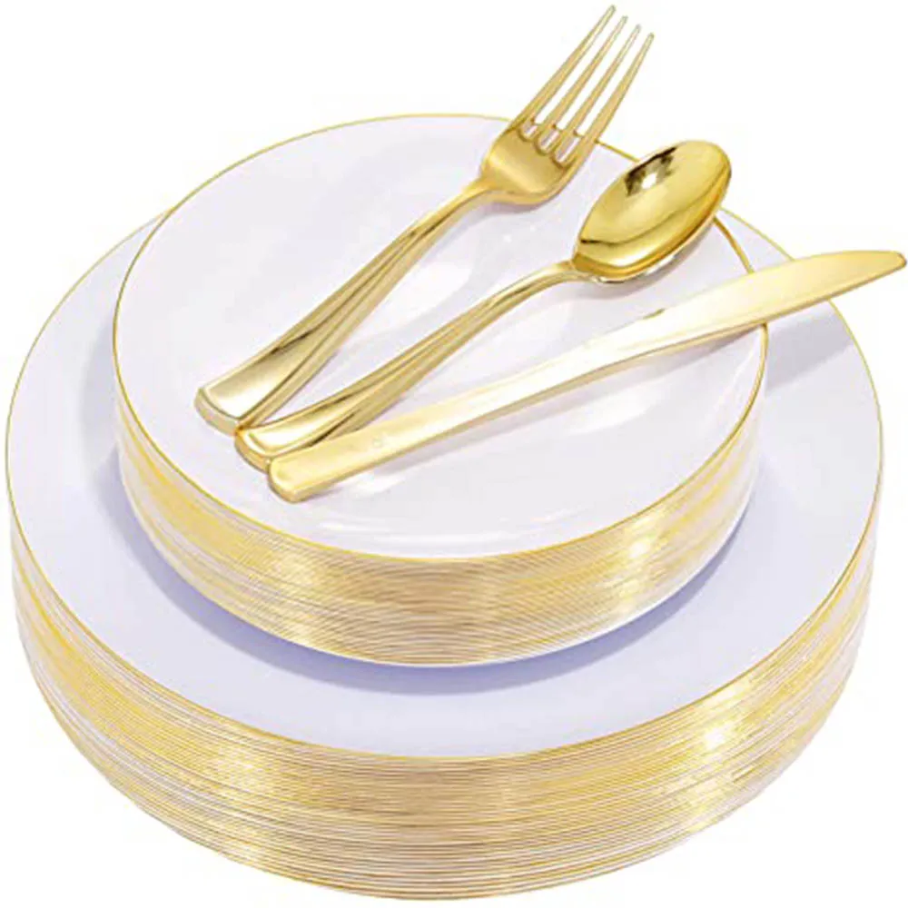 

Идеально подходит для белых пластиковых тарелок с золотым краем и одноразовых золотых столовых приборов, обеденный Свадебный сервис и День благодарения