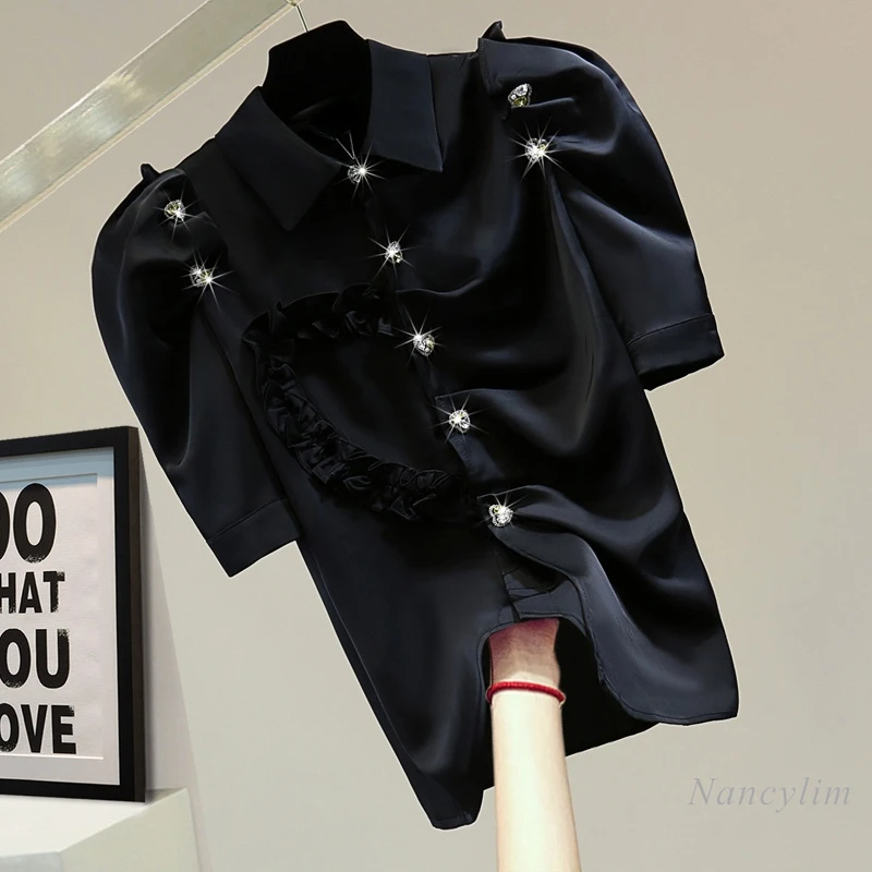 

2022 New Pleated Short Sleeves Shirt for Women Summer Korean Style Solid Color Ruffles Love Rhinestone Buckle Blouse Lady White