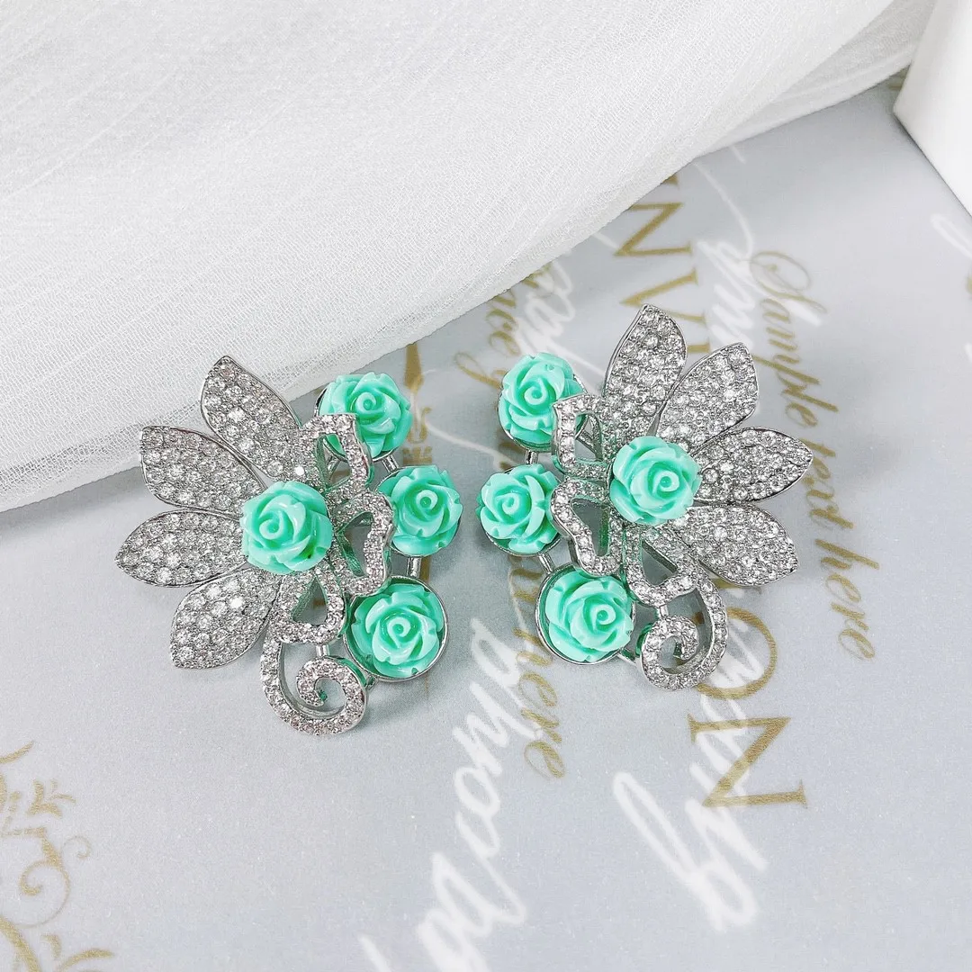 

2023 New Jewelry Elegant Rose Flower Earrings Shine Dazzling Micro-inlaid Full Zircon 925 Silver Needle Stud Earring for Women
