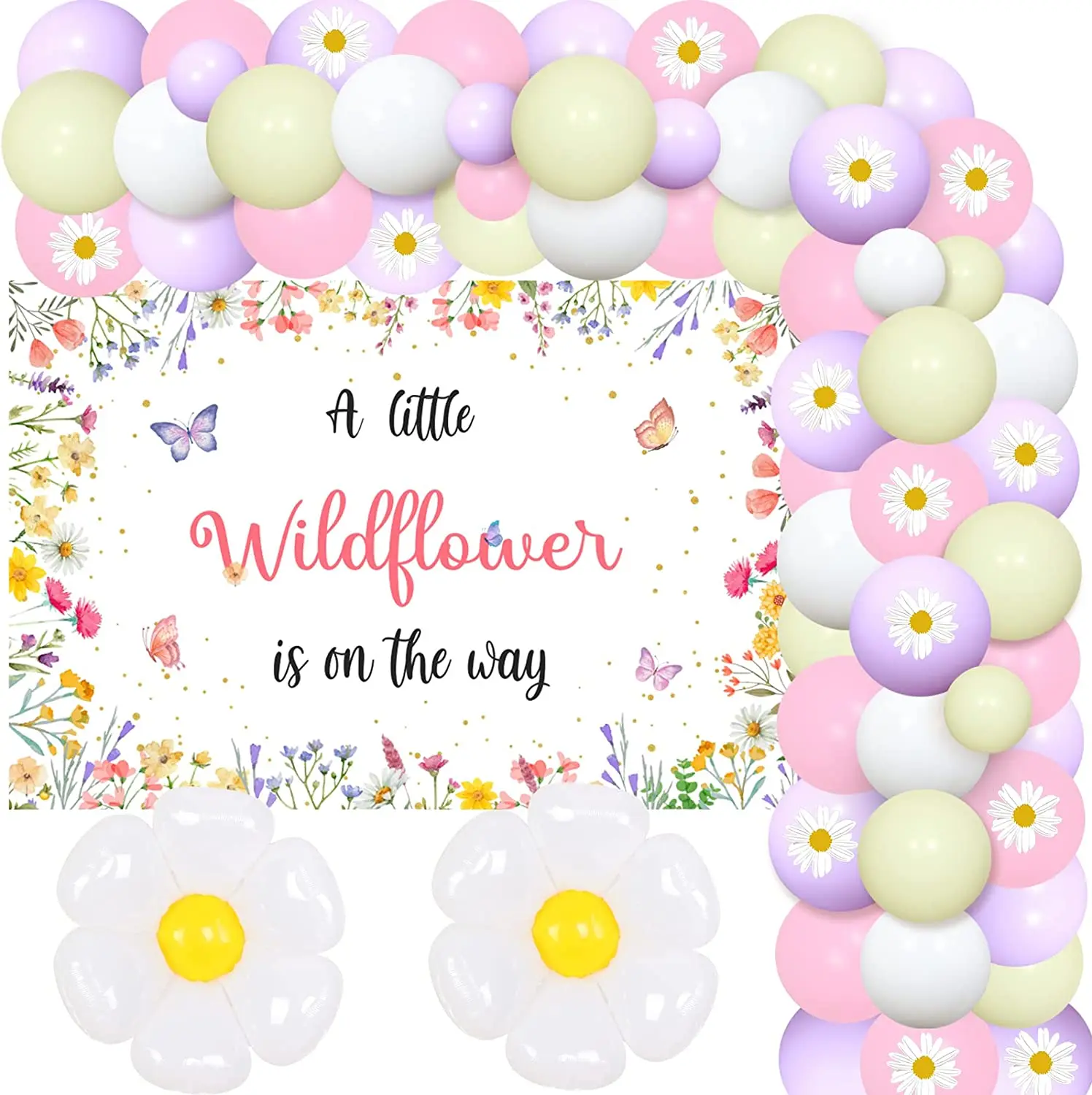 

A Little Wildflower Is on The Way Baby Shower Decorations Daisy Flower Balloon Garland Backdrop for Girl Birthday Party Supplies