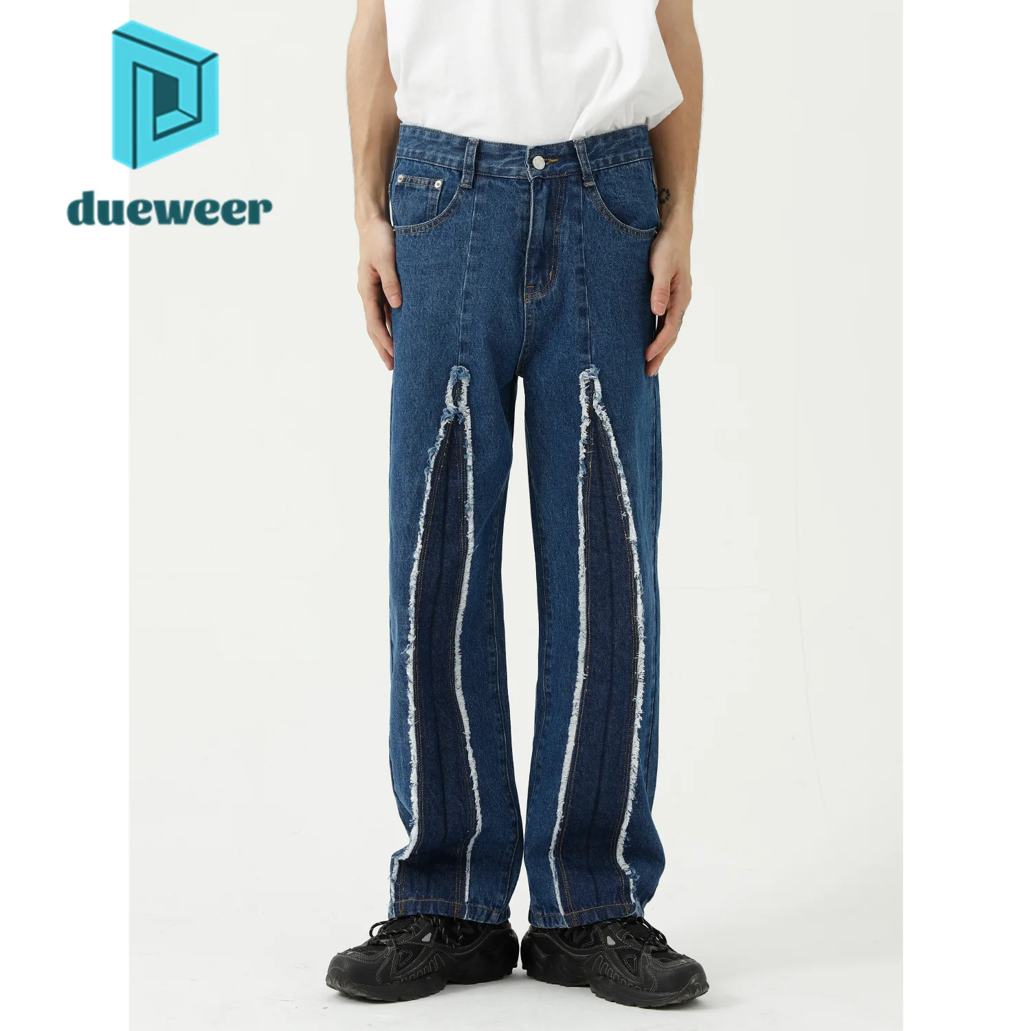 

DUEWEER Men's Korean Fashion Patchwork Design Loose Casual Jeans Straight Baggy Scratch Denim Pants Hip Hop Trousers Streetwear