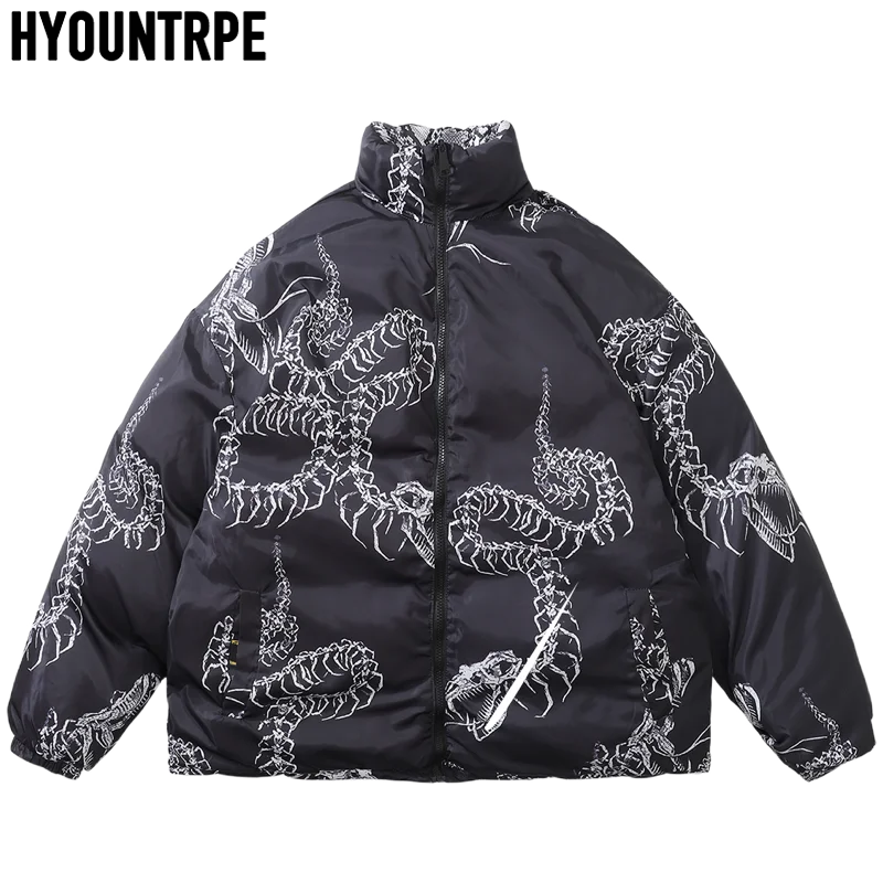 2022 Snake Printed Reversible Jackets Mens Hip Hop Warm Cotton Padded Hooded Coat High Street Zipper Warm Parkas Jacket Coats