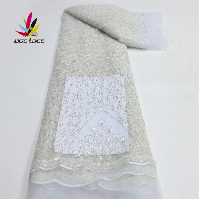 

White Sequins Lace Fabric Groom Beads Nigerian Dress Advanced Mesh Sewing Fabric African Voile 5Yards/Lot for Party Dress
