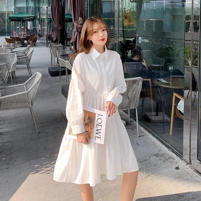 

Real Shot2022Spring New Korean Version ofchicSolid Color Long Sleeve Single-Breasted Shirt Dress Slim White Dress