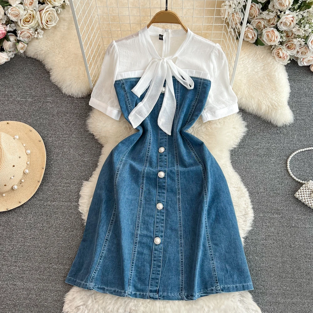 

Clothland Women Elegant Denim Patchwork Dress Bow Tie Collar Short Sleeve Spliced Summer Chic Mini Dresses Vestido QC599