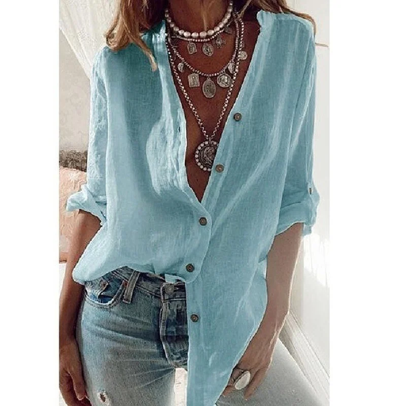 

2022 Spring Fall Stand V Neck Button Up Shirt Solid Color Long Sleeve Loose Oversized Top Women Cotton Linen Blouse Blusas Mujer