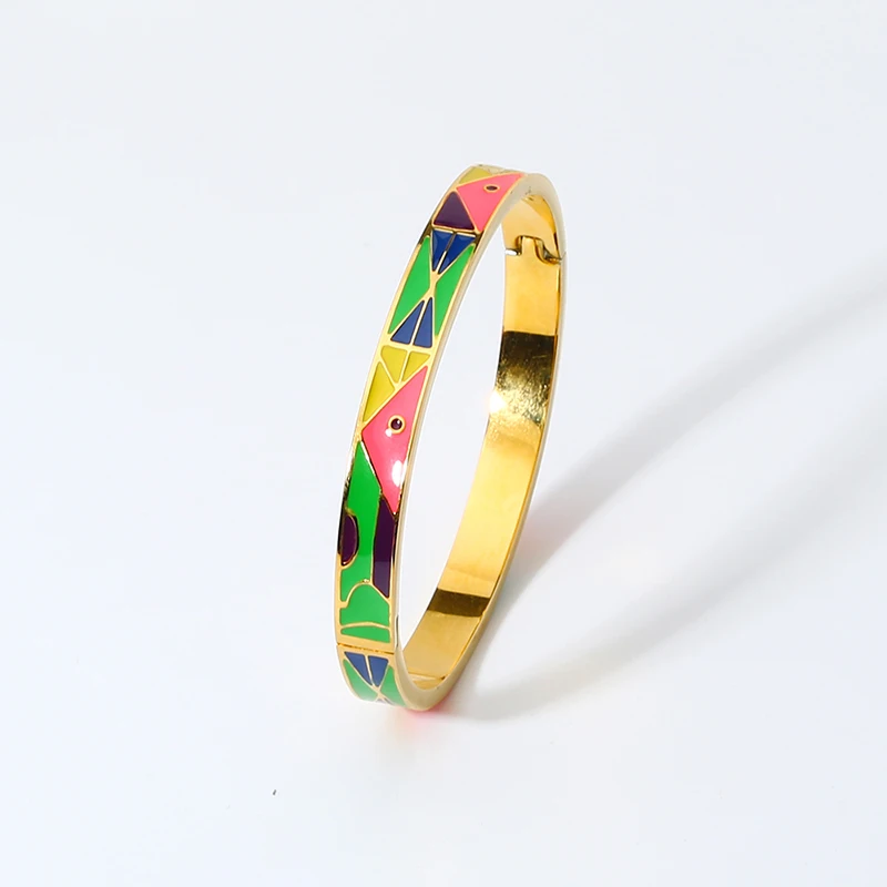

Trendy Stainless Steel Colorful Geometric Pattern Drop Oil Bangle for Women Enamel Bracelet Waterproof Jewelry Fashion Gift