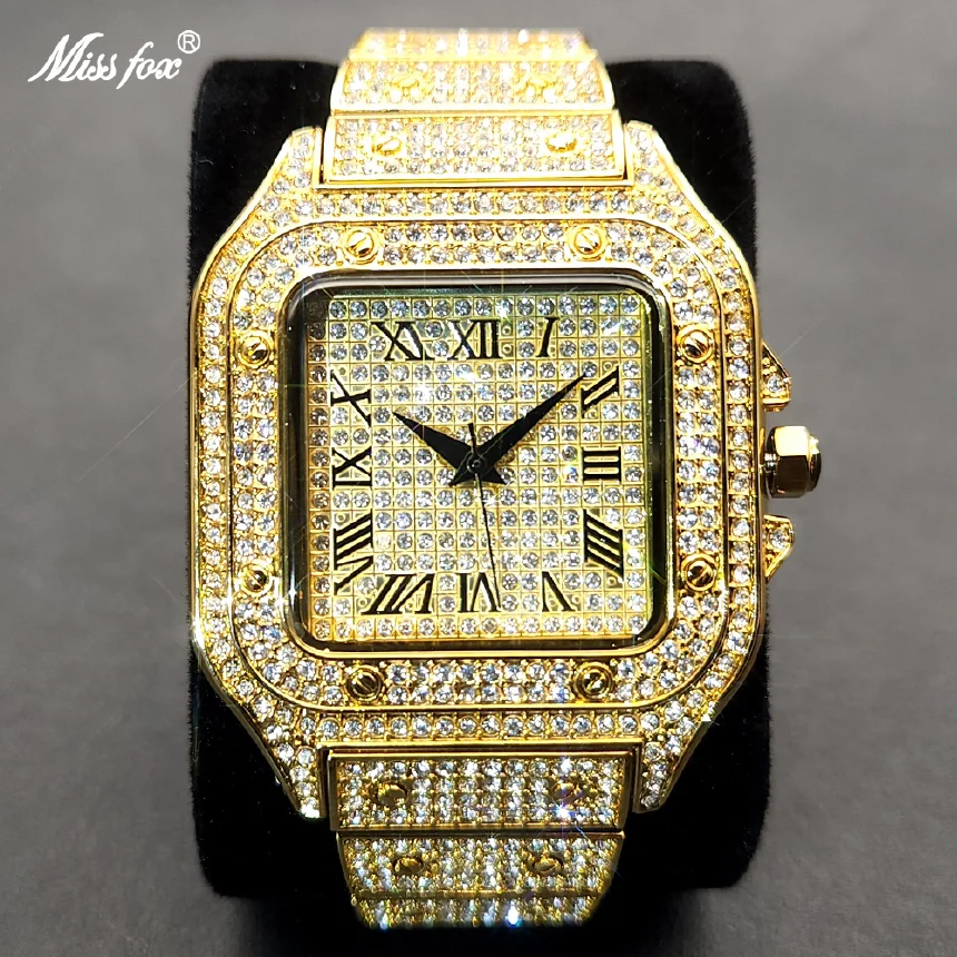 

MISSFOX Fashion Square Watch For Men Luxury Brand Full Diamond Gold Quartz Wristwatch Hip Hop Ice Out Waterproof Male Clock Gift