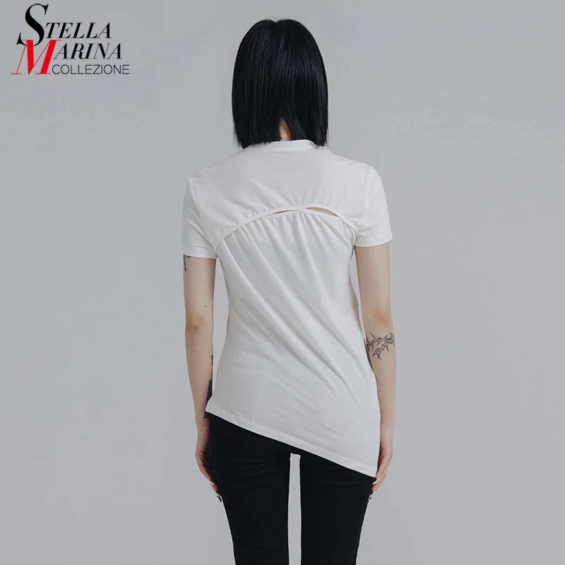 

Новинка 2022 г.; Однотонная черная и белая Летняя женская повседневная одежда; Футболка с наклонным подолом в японском стиле; Футболка; apw40