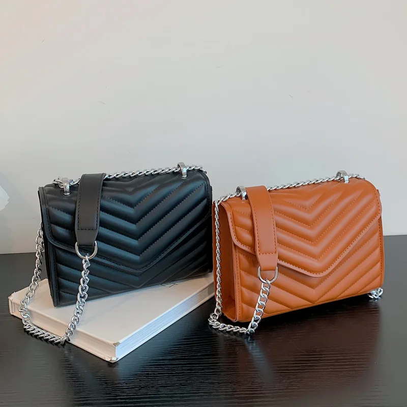 

Fashion Solid Shoulder Bag Striped Pu Leather Chain Crossbody Bags For Women Brand Designer Lady Handbags And Purses