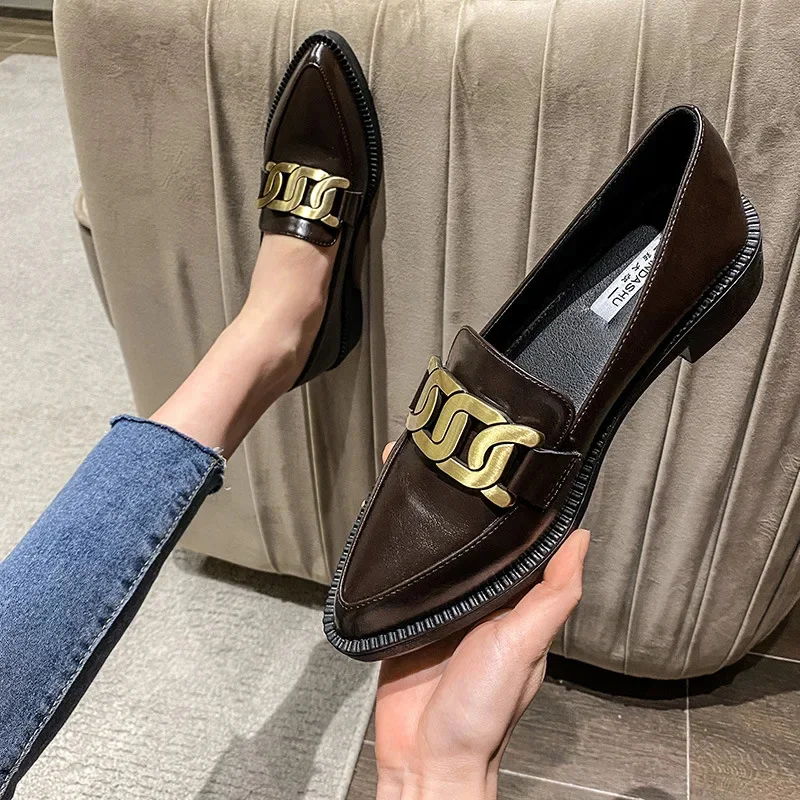 

British Metal chain small leather shoes women oxfords sneakers derbies shallow pointed toe thick heels loafers ladies flats 2023