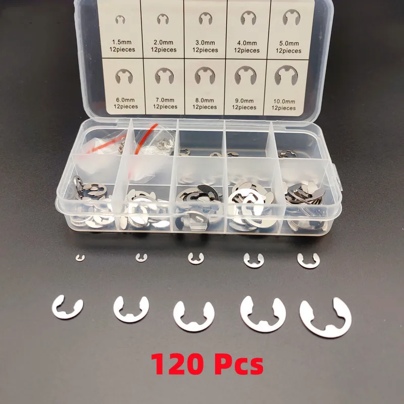 120 PCS,E-type Snap Ring Combination,304 Stainless Steel,1.5-10mm Open,Retaining Ring Gasket Set Washers,Snap-On Retaining