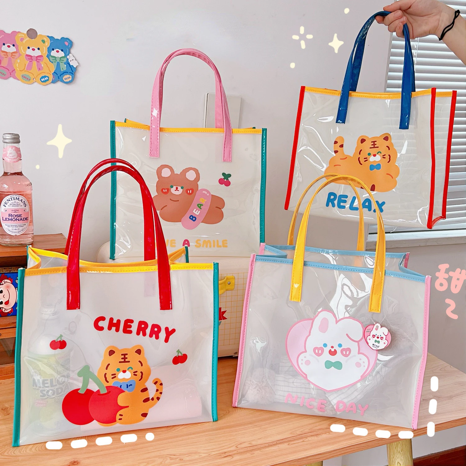 

Summer Girl Jelly Bag Cartoon Bear Transparent Shoulder Bag Waterproof Beach Bag Student Travel Handbag Lunch Bags Kids