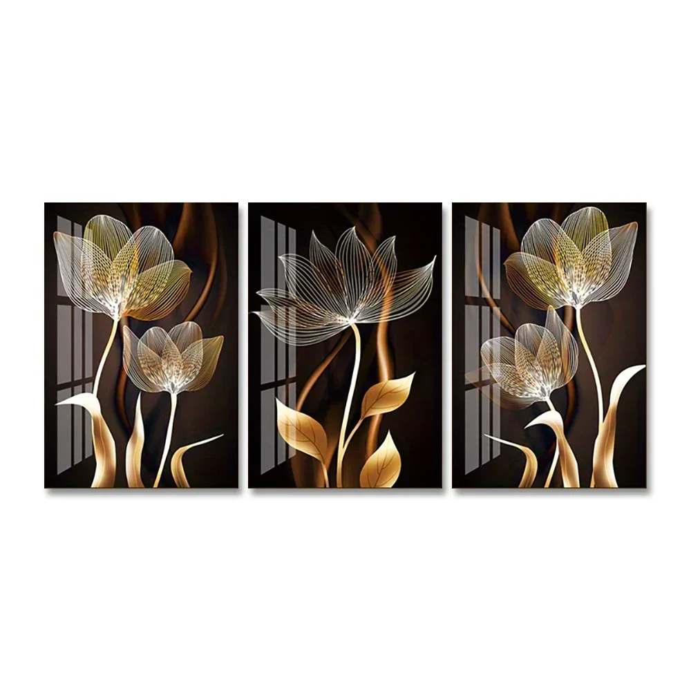 Настенная картина из черных и золотых цветов 3 шт. Картина на холсте декор для