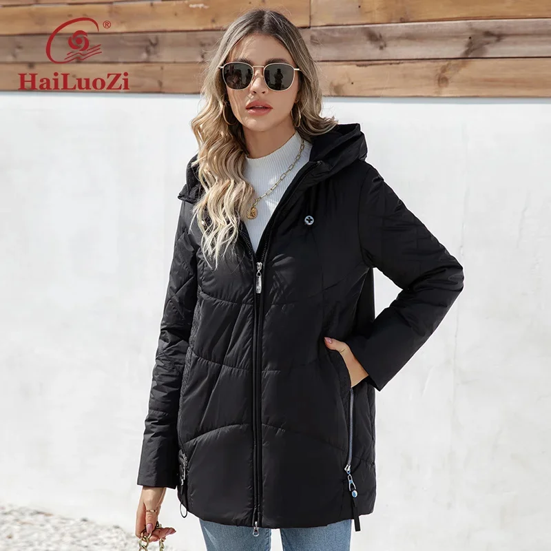 

HaiLuoZi 2023 New Design Spring Women Jacket Mid-Long Side Pockets Casual Female Quilted Parkas ded Zipper Women's Coat 3361