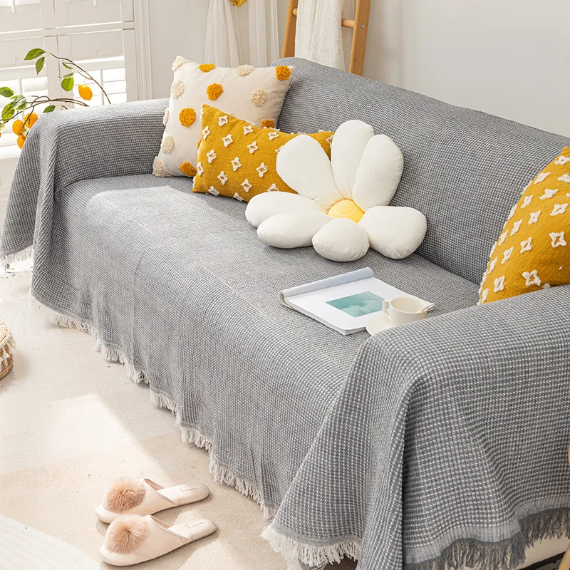 

Вязаное покрывало для дивана в скандинавском стиле всесезонное универсальное нескользящее покрывало для дивана однотонное с кисточками г...