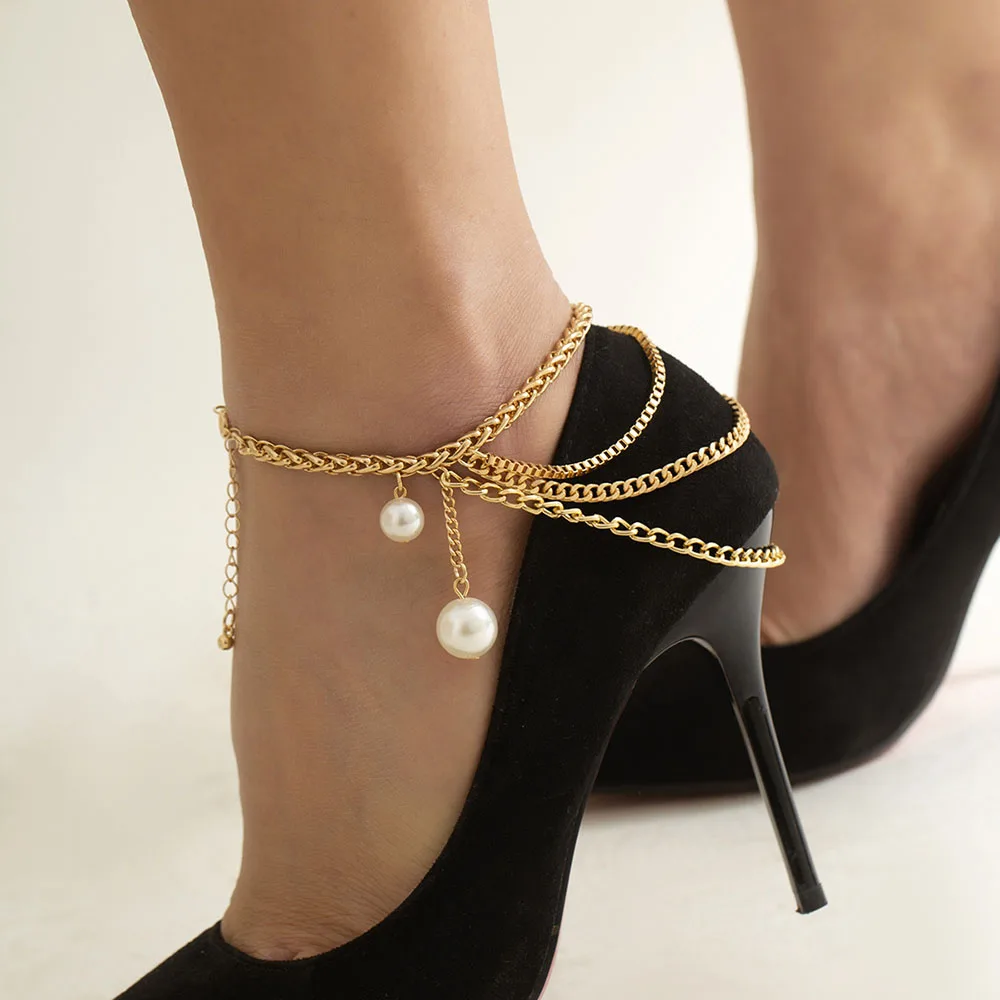 

New Product Hot Pearl Temperament Multi-Layer Tassel Hip Hop Anklet for Women Exaggerated Personality Geometric Metal Chain Shoe