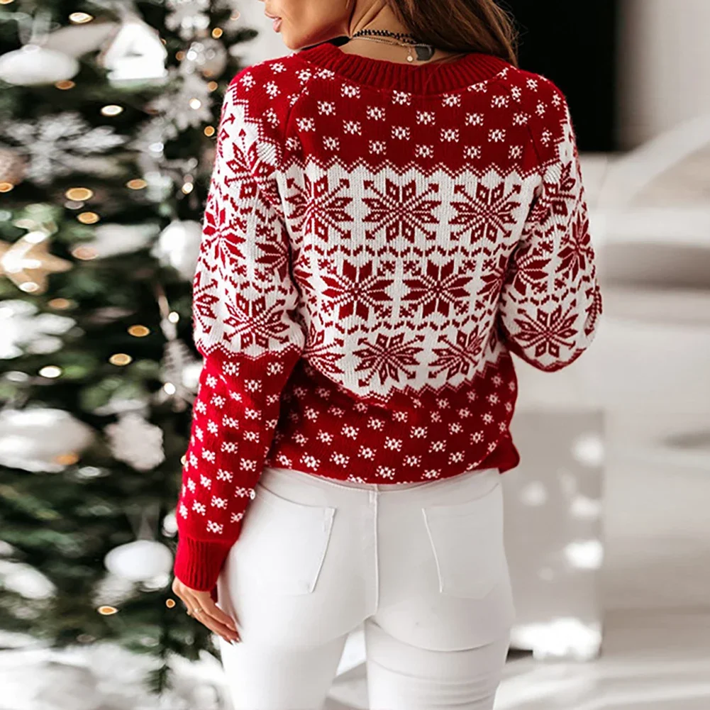 Женский хлопковый свитер с принтом снежинки и лося |