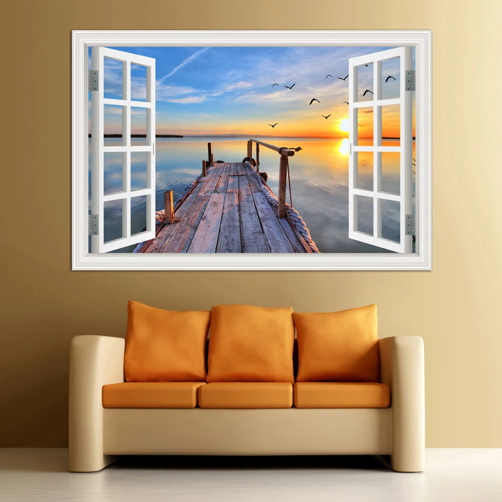 

3D Window View Wall Decal Vinyl Sticker Seaside Beach Bridge Sunset Wallpaper Living Decor Wall Art Landscape Sticker