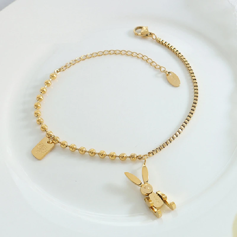 

Mechanical Rabbit Square Pendant Bracelet Punk Style Personality Wrist Chain Bead Splicing Design Cute Cool Girl's Accessories