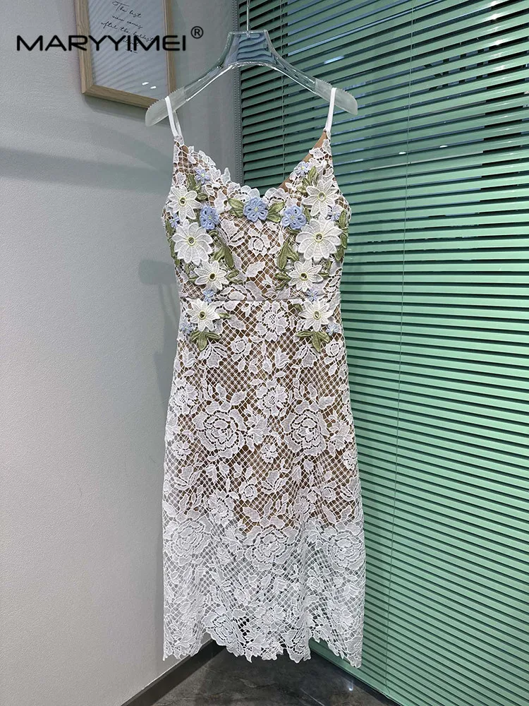 

MARYYIMEI Sling V-Neck Lace Water Soluble Flower dress Spring Summer Flower Embroidery Hollow Out Open Back Party Long Dresses