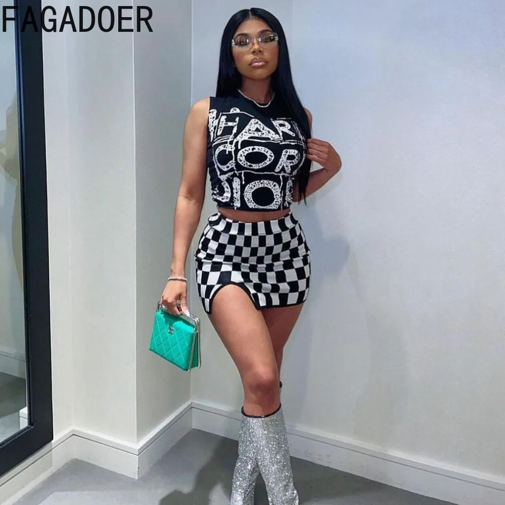 

FAGADOER Fashion Street Style Women Printing Sleeveless Top And Mini Skirts Two Piece Sets Summer Y2K Matching 2pcs Outfits 2023