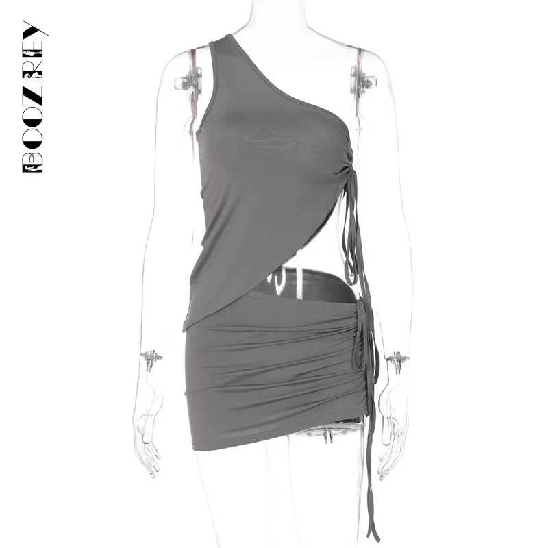 BoozRey 2022 Drawstring Dress Summer Sets Womens Outfits Sexy One Shoulder Crop Top and Mini Skirts Co-Ord Club Party |