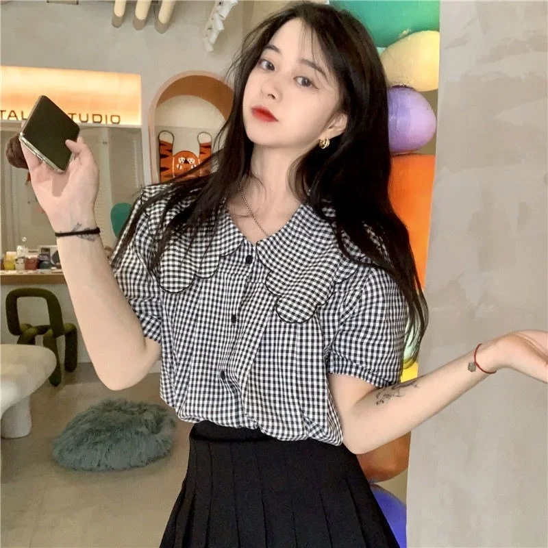 Рубашки женские с воротником Питера Пэна в клетку стиле ретро милые девушки