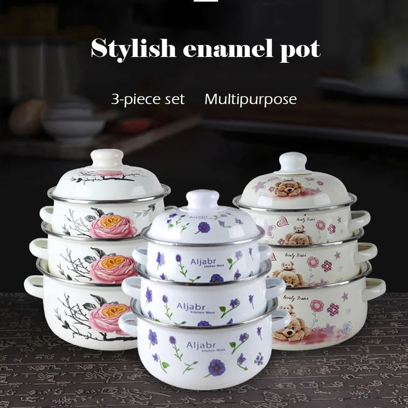 

3-Piece Set Enamel Pot Double-Eared Non-Stick Pan Universal Induction Cooker Thickened Enamel Soup Pot Tureens Home Kitchenware
