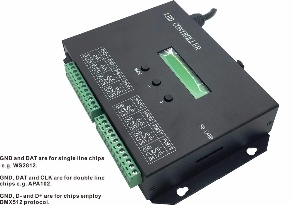 

8-портовый Автономный/sd-карта/полнопиксельный контроллер H803sa; Может подключаться к консоли Dmx, ws2812b/ws2811 и т. д., поддерживает множество чипов