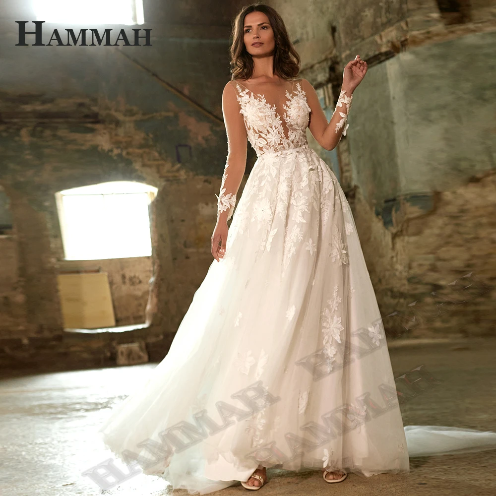 

HAMMAH Vintage A Line Wedding Dress New Appliques V Neck Long Sleeves Elegant Court Train Tulle Pleats Vestidos De Noiva
