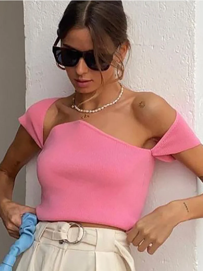 

2022 Summer Fashion Women's Square Collar Solid Pink T-shirts Sexy Skinny Crop Top Girls Streetwear Short Sleeve Tops Tees Y2K