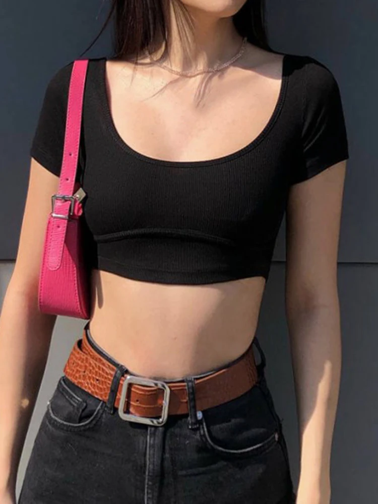 Черная Базовая Летняя женская футболка Darlingaga с квадратным воротником