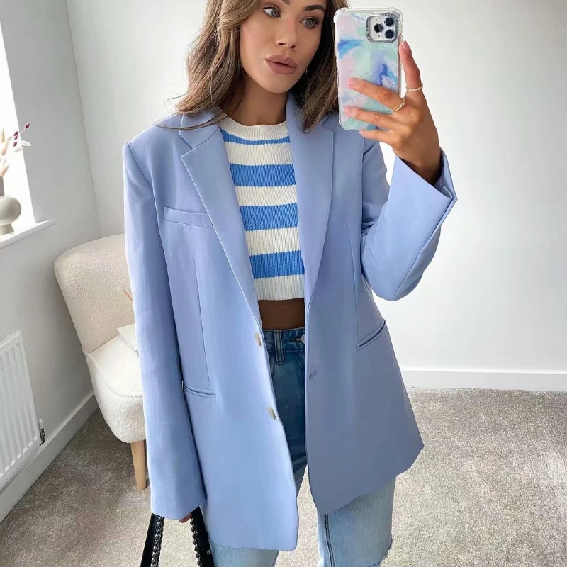 New Arrivals Women Solid Candy Blue Blazer Coat za Vintage Notched Collar Pocket Fashion Female Oversized Casual Chic Tops 2022