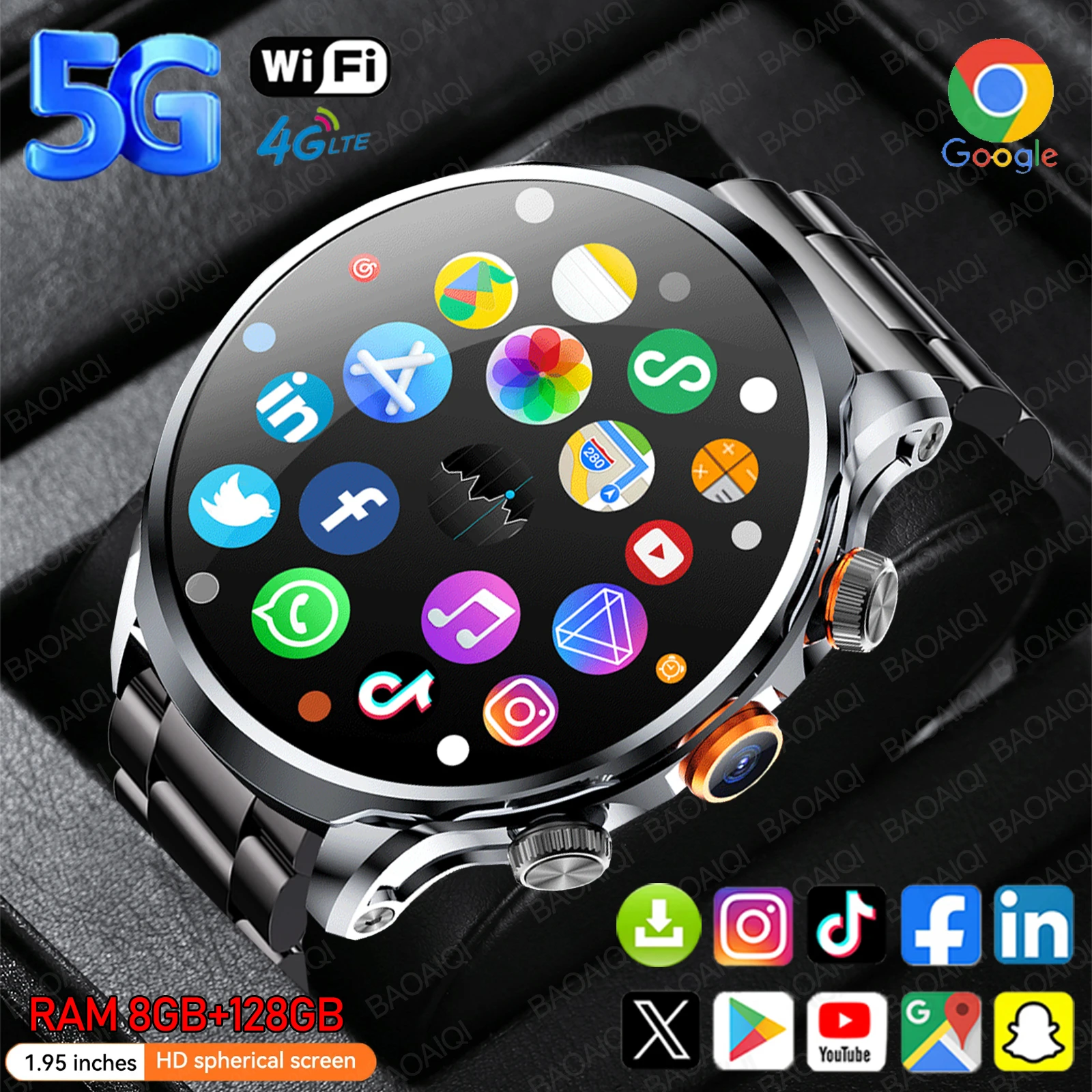 Фото Смарт-часы 5G/4G, 1,95 дюйма, AMOLED, 1100 мАч, аккумулятор, 8 ГБ + 128 ГБ ОЗУ, камера 500 Вт, GPS, Wi-Fi, приложение Google, загрузка сердечного ритма, умные часы №1