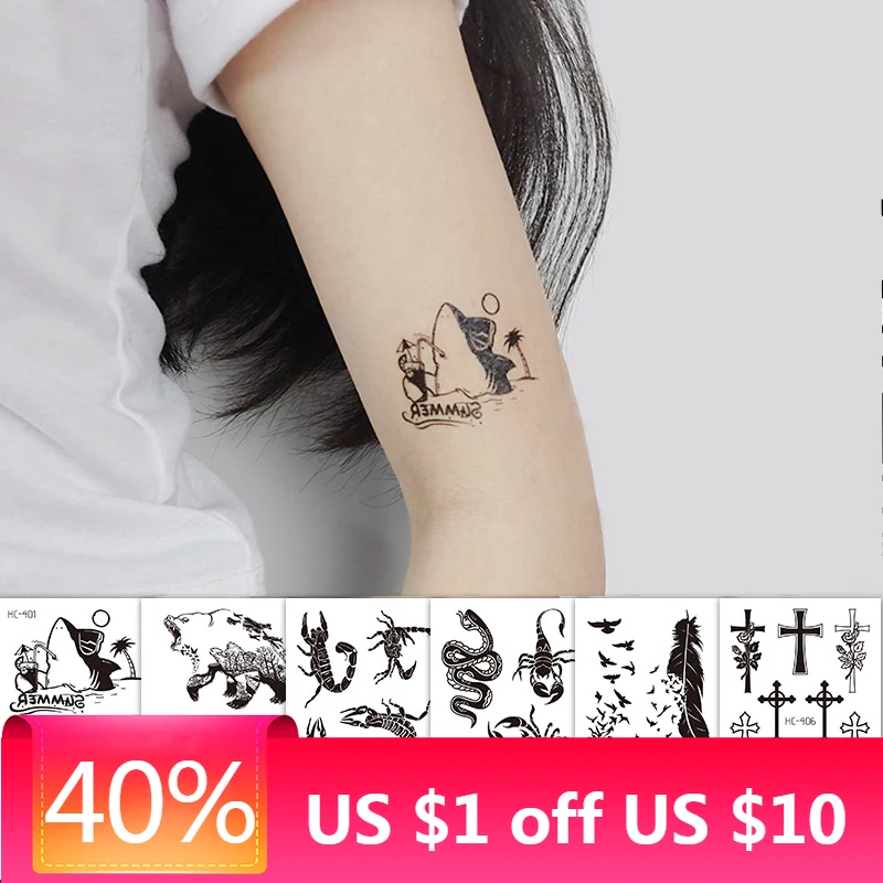 

Водостойкие временные татуировки с черными линиями, цветы, перо, животные, тотем, женские руки, ноги, модные татуировки для боди-арта, наклей...