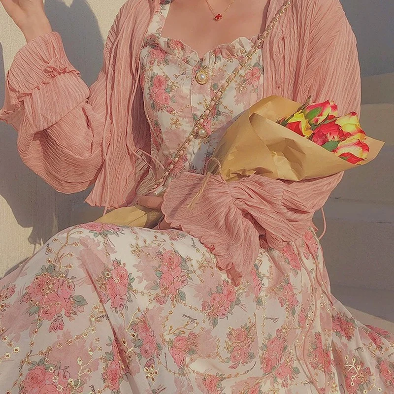 

Женское милое платье на бретелях-спагетти, французское Хлопковое платье с цветочным рисунком, лето 2023, Модная элегантная винтажная одежда, корейское женское платье