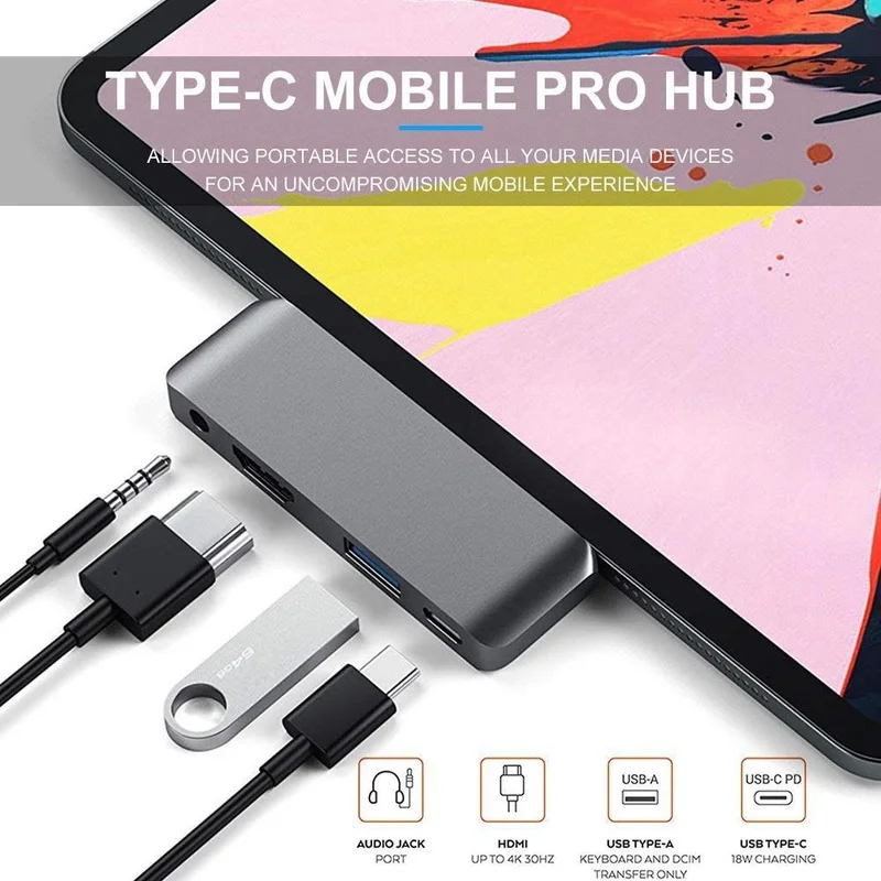 

USB Type-C Mobile Pro Hub Adapter With USB-C PD Charging 4K HDMI USB 3.0 Audio Jack For iPad Pro Galaxy S8 S9 Mate 20