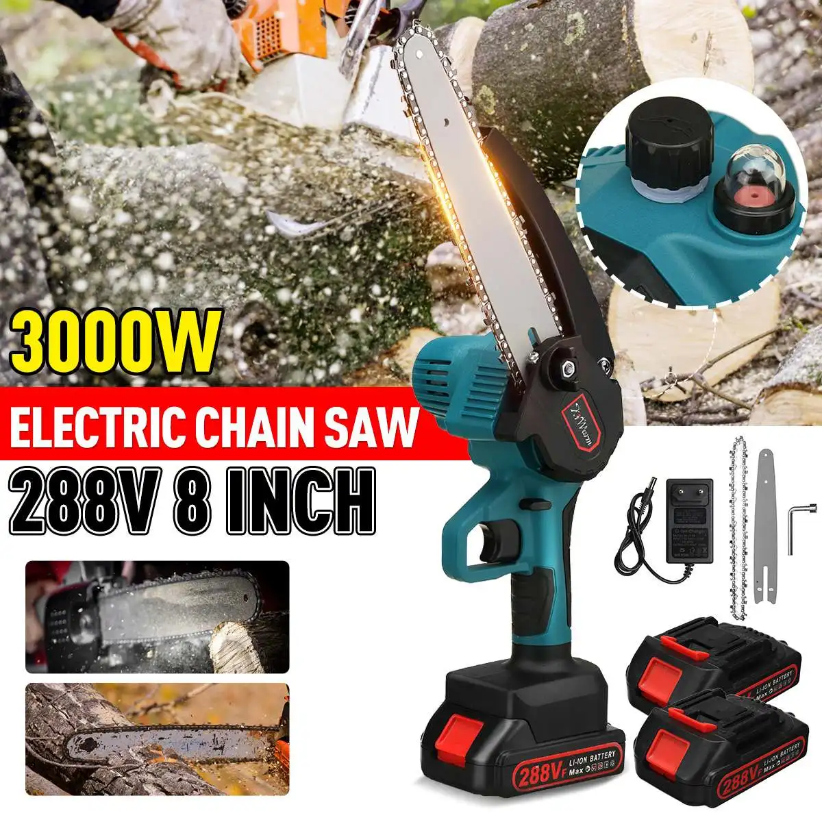 3000W 8 Inch Electric Chainsaws Rechargeable Woodworking One-handed Garden Logging Trimming Pruning Saw For Makita 18V Battery